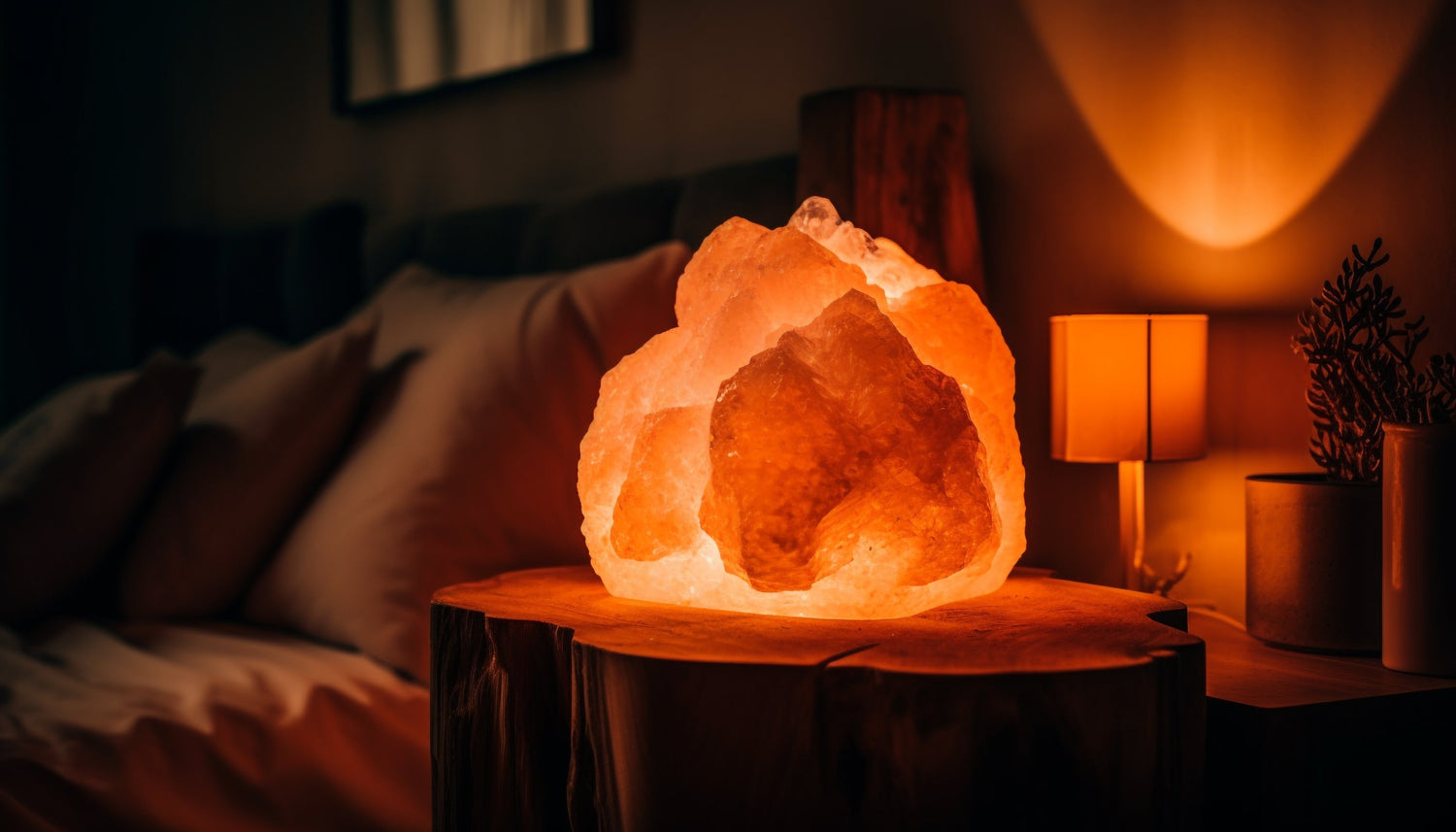 Lampe de sel d’Himalaya allumée, posée sur une table de chevet en bois, créant une ambiance tamisée et apaisante dans une chambre cosy | Lampe de nuit