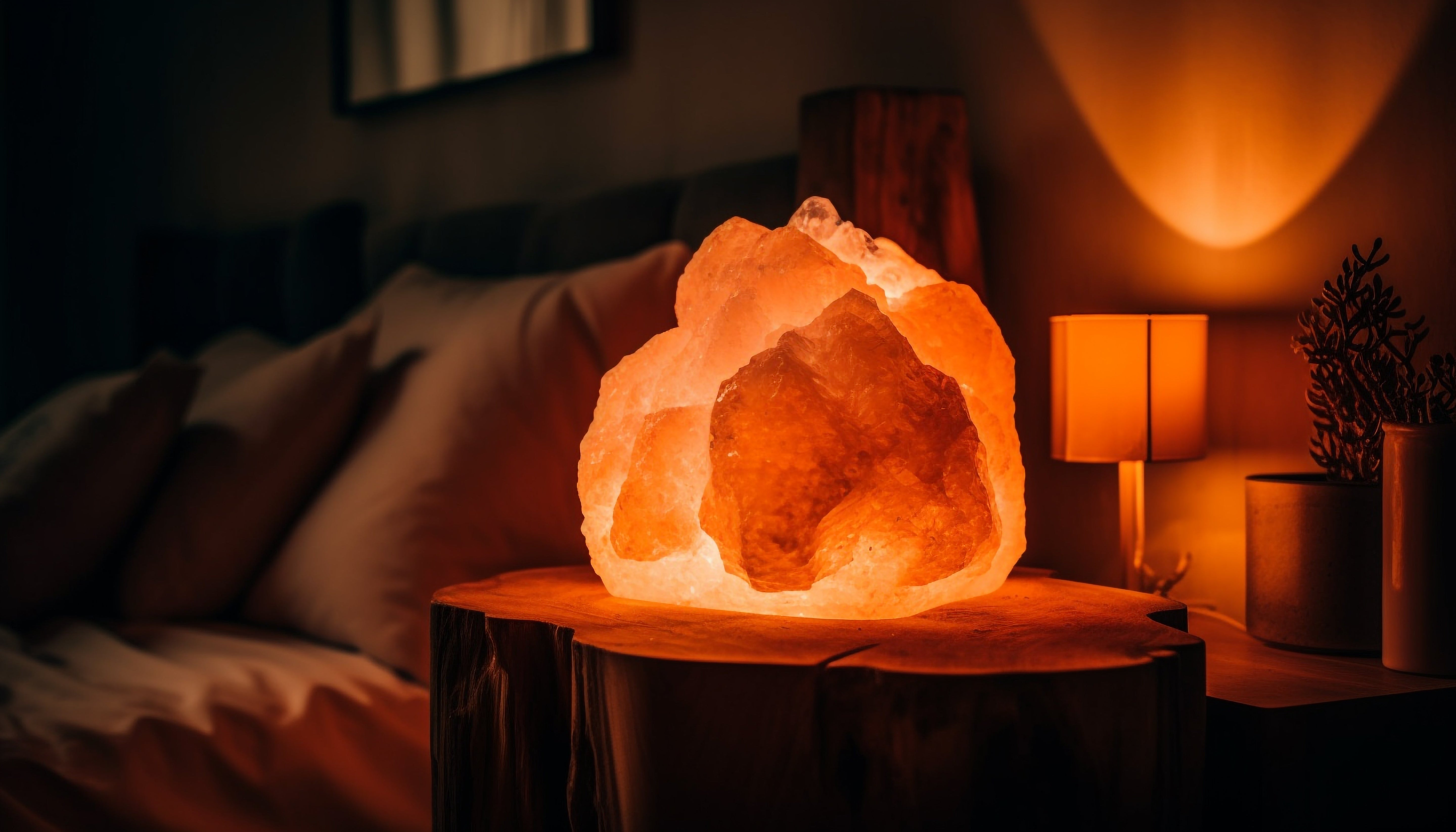 Lampe de sel d’Himalaya allumée, posée sur une table de chevet en bois, créant une ambiance tamisée et apaisante dans une chambre cosy | Lampe de nuit